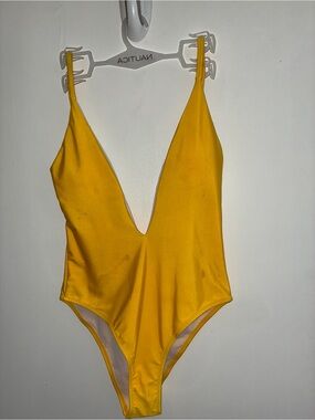 Bright Yellow Deep-V One-Piece Swimsuit -Women’s Medium